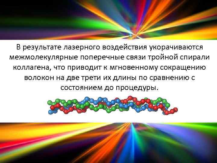 В результате лазерного воздействия укорачиваются межмолекулярные поперечные связи тройной спирали коллагена, что приводит к