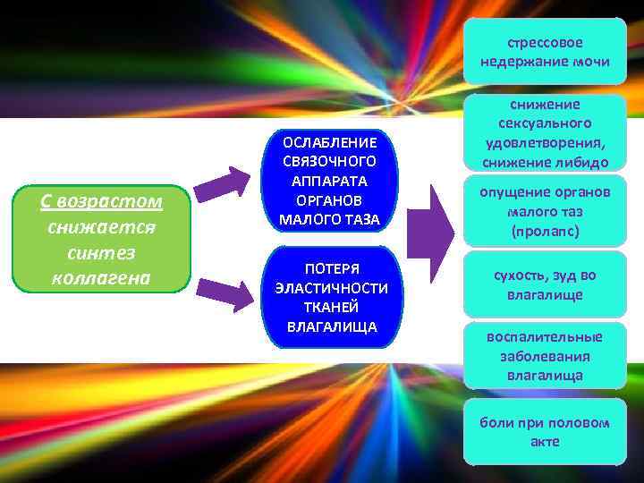 стрессовое недержание мочи С возрастом снижается синтез коллагена ОСЛАБЛЕНИЕ СВЯЗОЧНОГО АППАРАТА ОРГАНОВ МАЛОГО ТАЗА