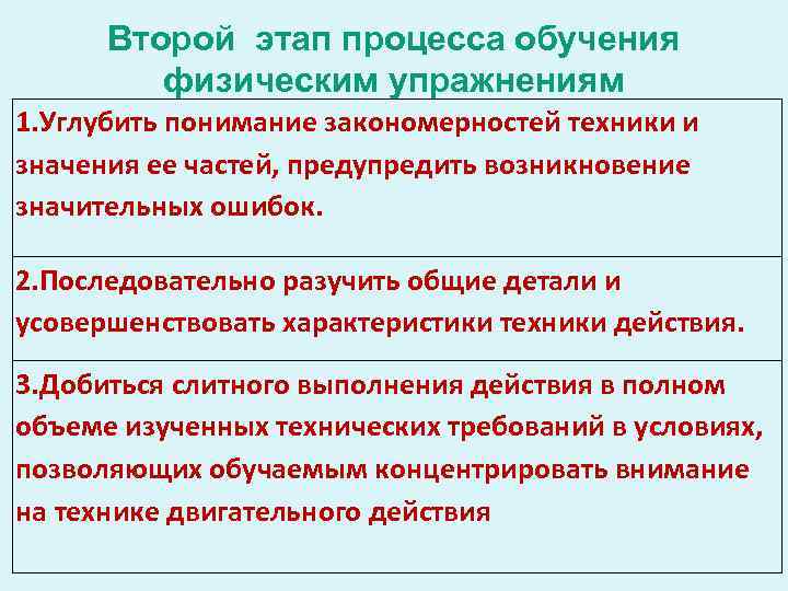 Второй этап процесса обучения физическим упражнениям 1. Углубить понимание закономерностей техники и значения ее