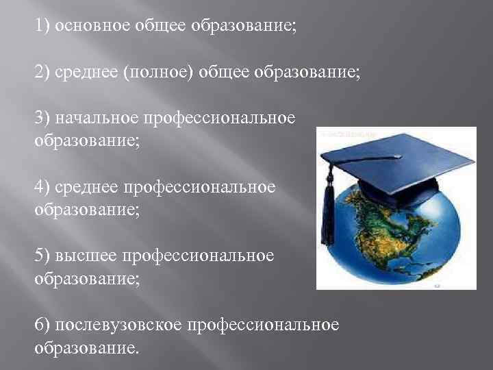 1) основное общее образование; 2) среднее (полное) общее образование; 3) начальное профессиональное образование; 4)