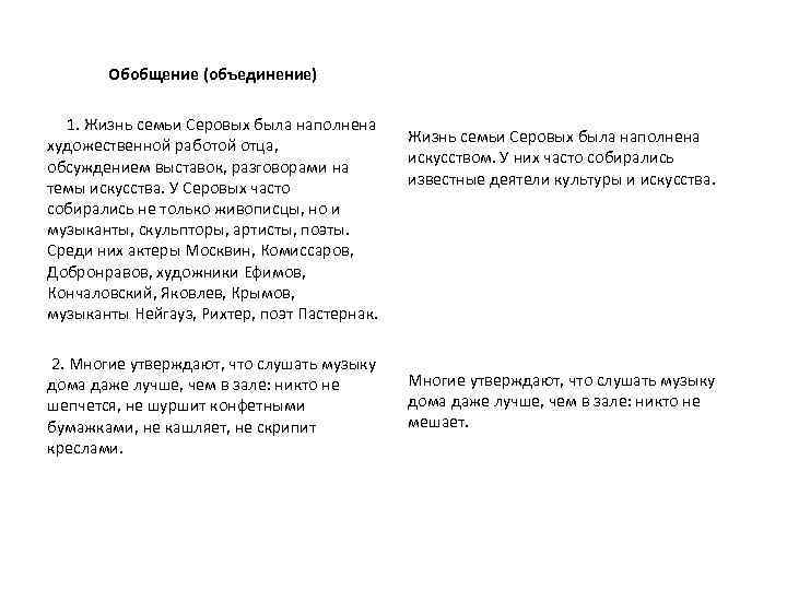 Обобщение (объединение) 1. Жизнь семьи Серовых была наполнена художественной работой отца, обсуждением выставок, разговорами