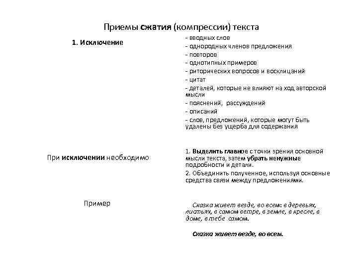  Приемы сжатия (компрессии) текста 1. Исключение При исключении необходимо Пример - вводных слов