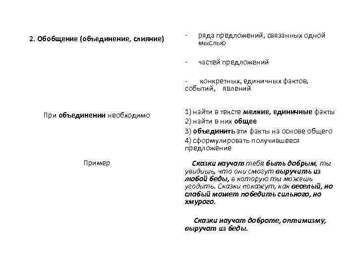  - ряда предложений, связанных одной мыслью - 2. Обобщение (объединение, слияние) частей предложений