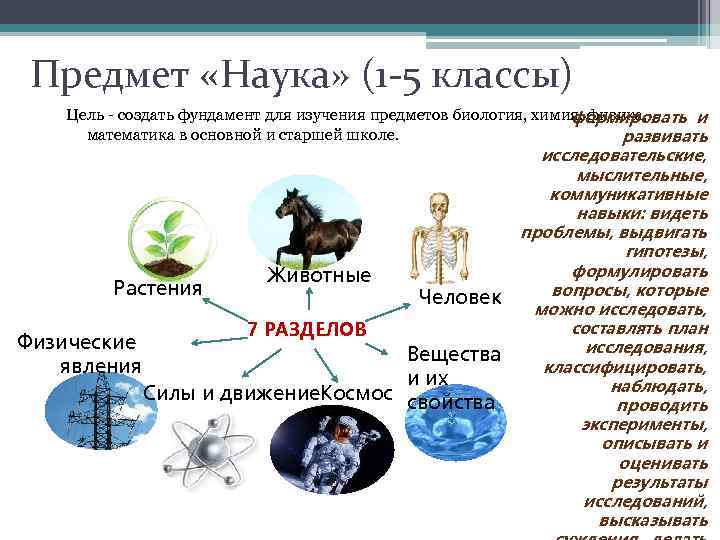 Предмет «Наука» (1 -5 классы) Цель - создать фундамент для изучения предметов биология, химия,