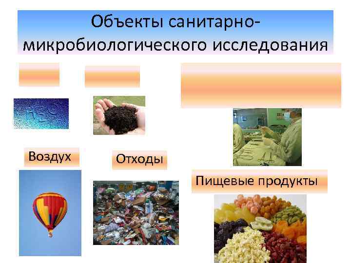 Объекты санитарномикробиологического исследования Воздух Отходы Пищевые продукты 