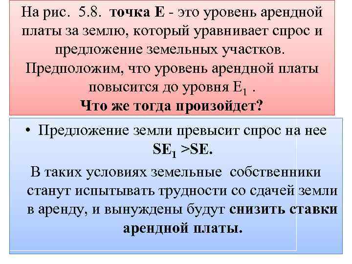 На рис. 5. 8. точка Е - это уровень арендной платы за землю, который