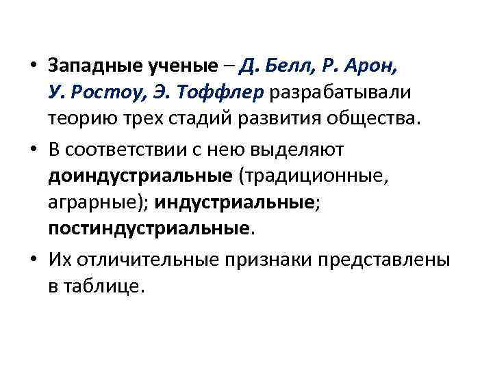  • Западные ученые – Д. Белл, Р. Арон, У. Ростоу, Э. Тоффлер разрабатывали