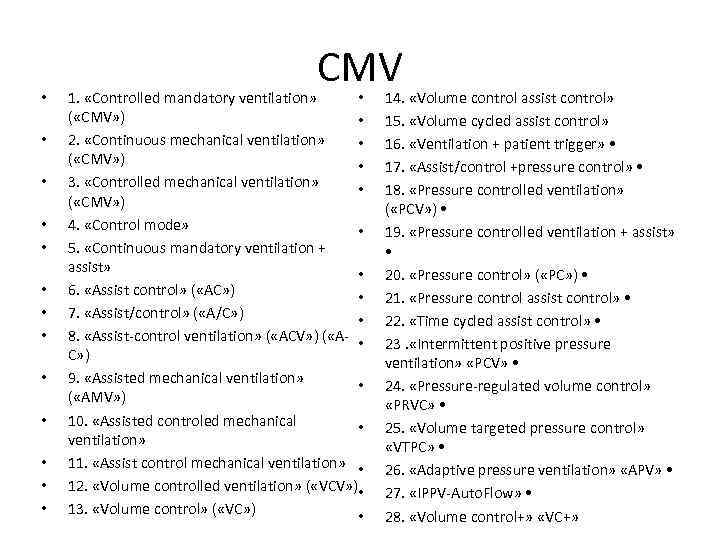  • • • • CMV 1. «Controlled mandatory ventilation» • ( «CMV» )