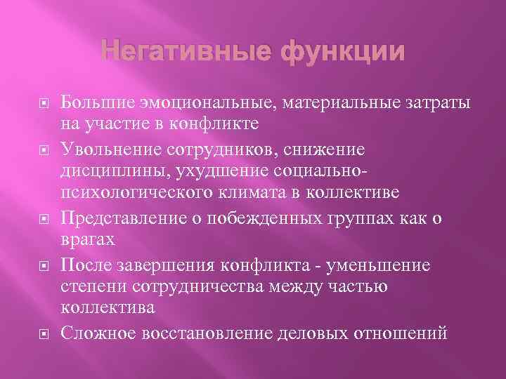 Негативные функции Большие эмоциональные, материальные затраты на участие в конфликте Увольнение сотрудников, снижение дисциплины,