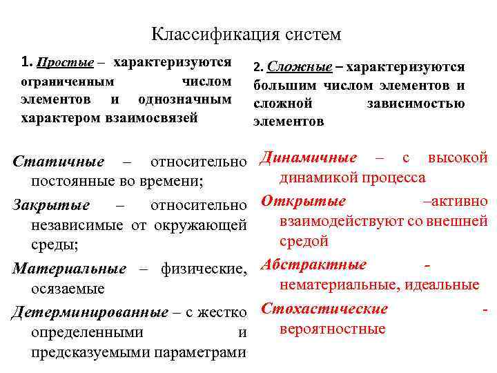 Классификация систем 1. Простые – характеризуются числом элементов и однозначным характером взаимосвязей ограниченным Статичные