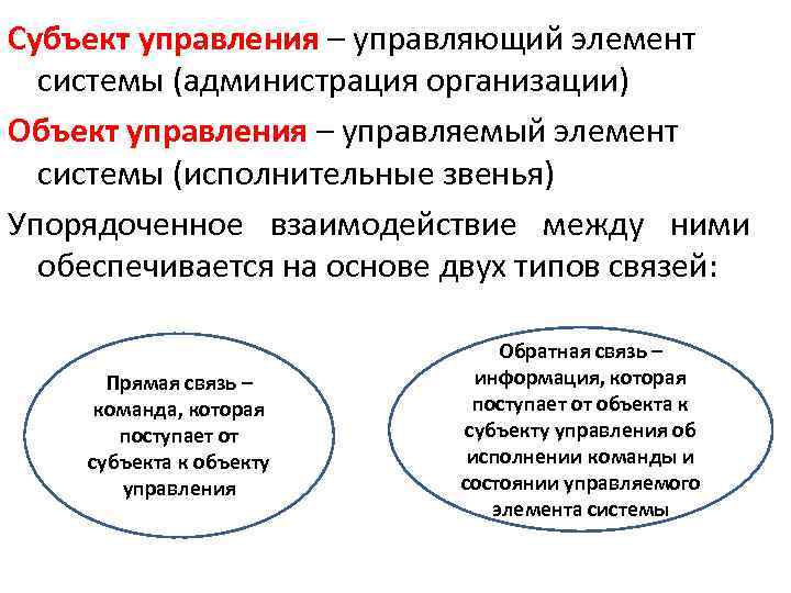 Субъект управления – управляющий элемент системы (администрация организации) Объект управления – управляемый элемент системы