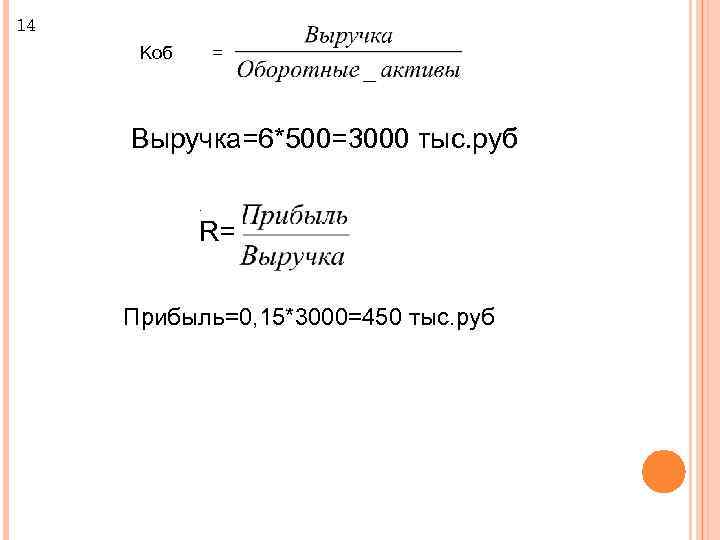 14 Kоб = Выручка=6*500=3000 тыс. руб. R= Прибыль=0, 15*3000=450 тыс. руб 