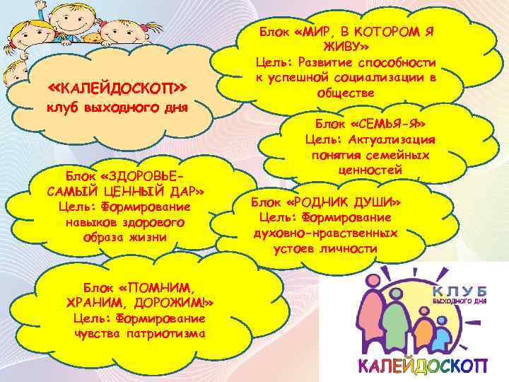  «КАЛЕЙДОСКОП» клуб выходного дня Блок «ЗДОРОВЬЕСАМЫЙ ЦЕННЫЙ ДАР» Цель: Формирование навыков здорового образа