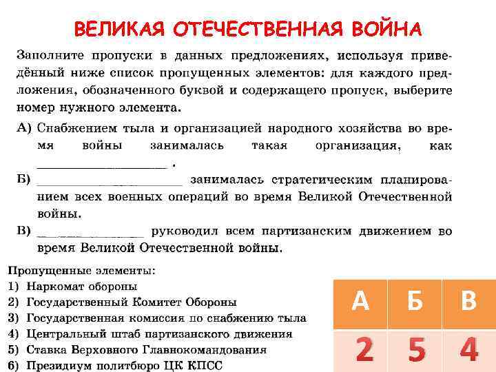 ВЕЛИКАЯ ОТЕЧЕСТВЕННАЯ ВОЙНА А Б В 2 5 4 