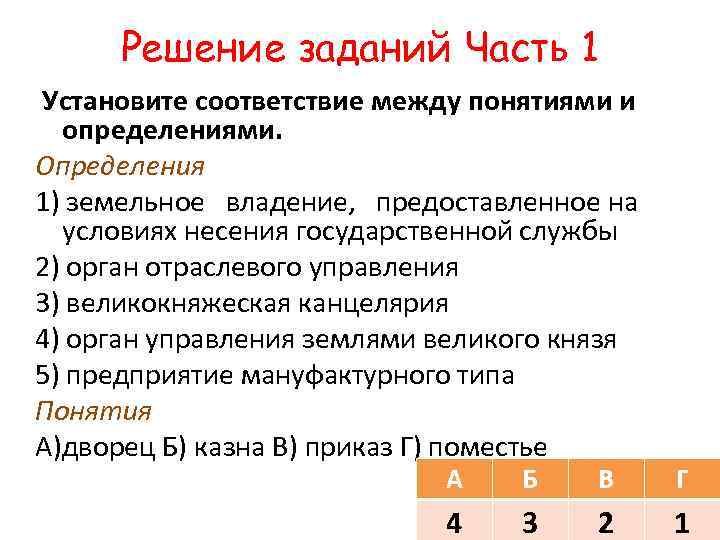 Решение заданий Часть 1 Установите соответствие между понятиями и определениями. Определения 1) земельное владение,