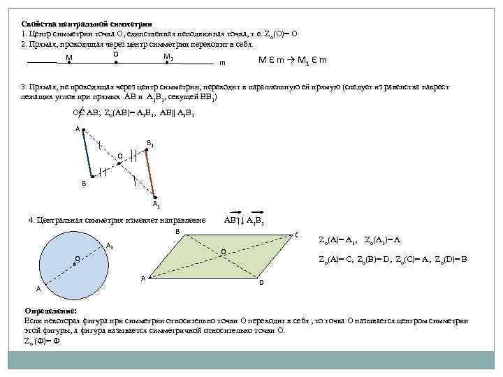 Свойства центральной симметрии 1. Центр симметрии точка О, единственная неподвижная точка, т. е. Zо(О)=