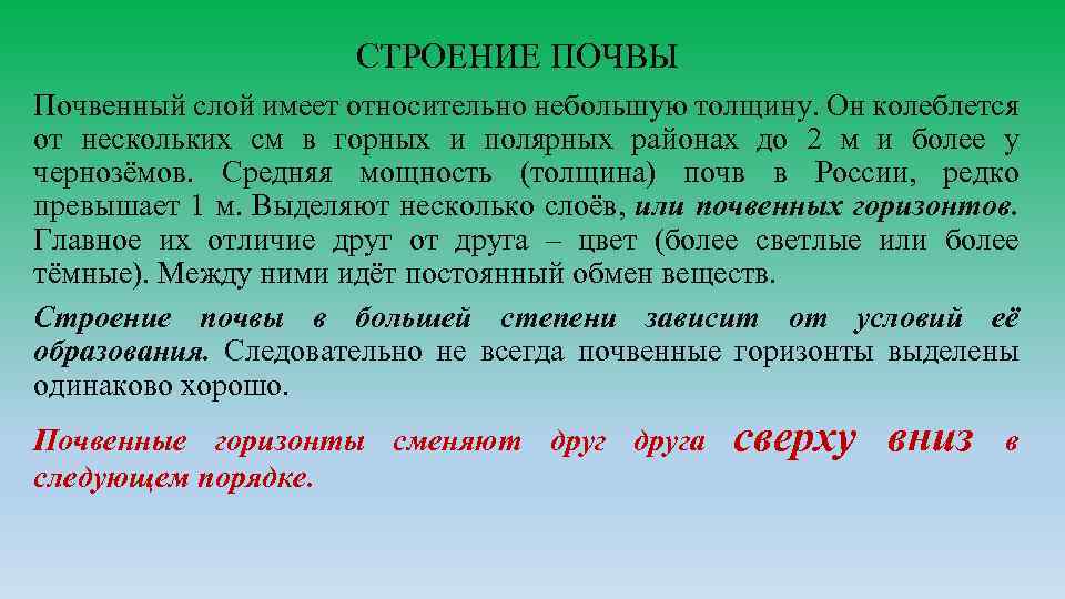 СТРОЕНИЕ ПОЧВЫ Почвенный слой имеет относительно небольшую толщину. Он колеблется от нескольких см в