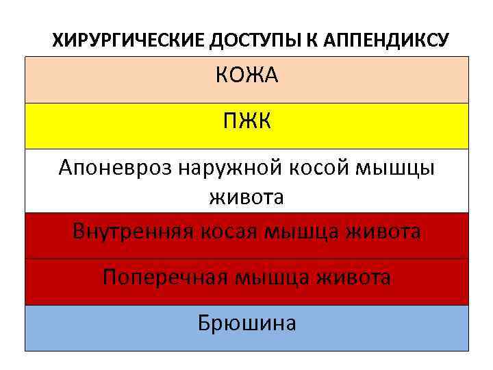 ХИРУРГИЧЕСКИЕ ДОСТУПЫ К АППЕНДИКСУ КОЖА ПЖК Апоневроз наружной косой мышцы живота Внутренняя косая мышца