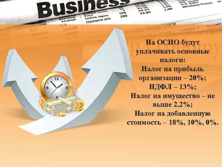 На ОСНО будут уплачивать основные налоги: Налог на прибыль организации – 20%; НДФЛ –