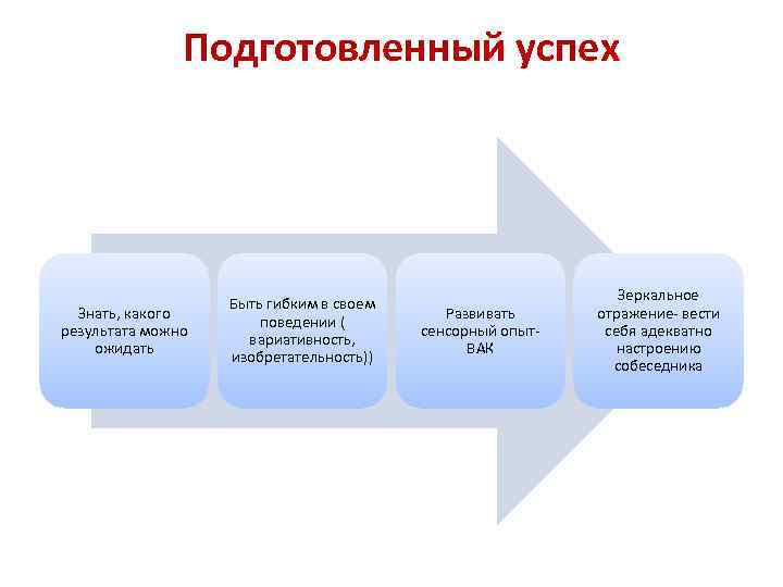 Подготовленный успех Знать, какого результата можно ожидать Быть гибким в своем поведении ( вариативность,