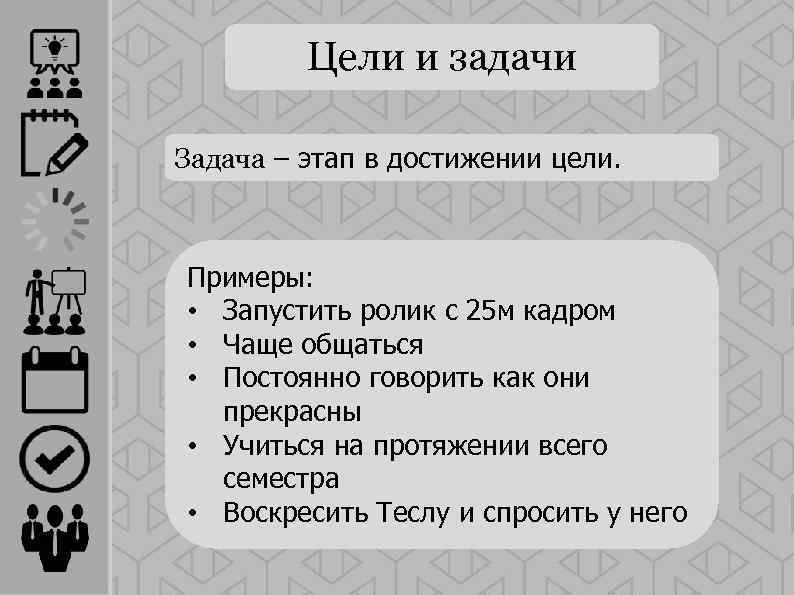 Цели и задачи Задача – этап в достижении цели. Примеры: • Запустить ролик с