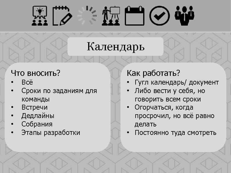 Календарь Что вносить? • • • Всё Сроки по заданиям для команды Встречи Дедлайны