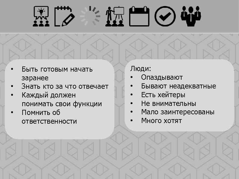  • • Быть готовым начать заранее Знать кто за что отвечает Каждый должен