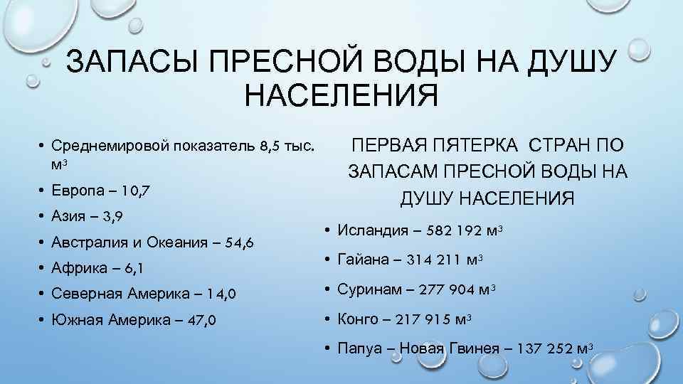 ЗАПАСЫ ПРЕСНОЙ ВОДЫ НА ДУШУ НАСЕЛЕНИЯ • Среднемировой показатель 8, 5 тыс. м³ •