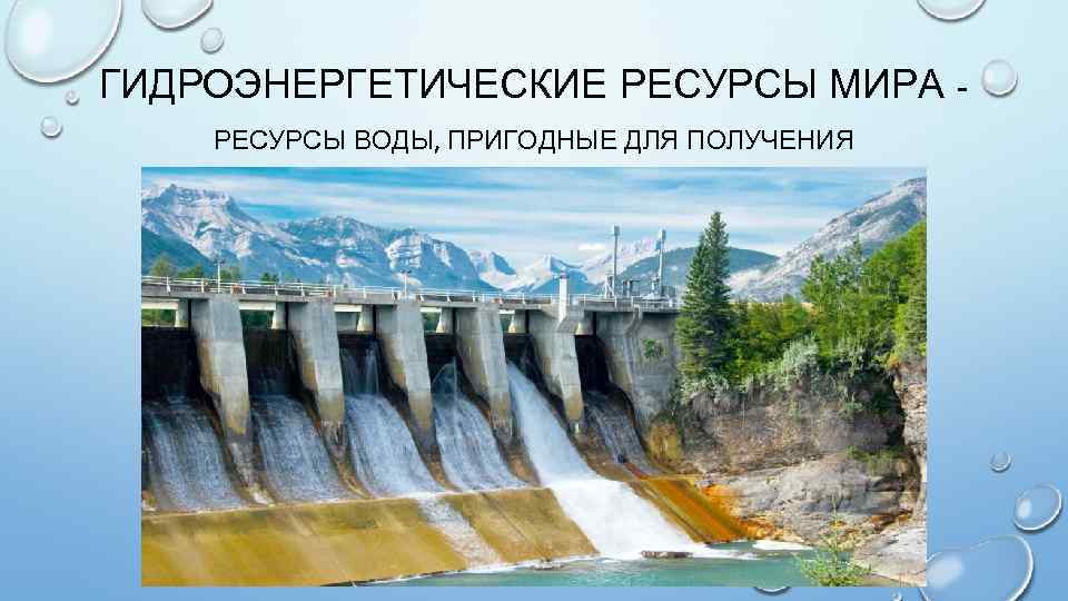 ГИДРОЭНЕРГЕТИЧЕСКИЕ РЕСУРСЫ МИРА РЕСУРСЫ ВОДЫ, ПРИГОДНЫЕ ДЛЯ ПОЛУЧЕНИЯ ЭЛЕКТРОЭНЕРГИИ 