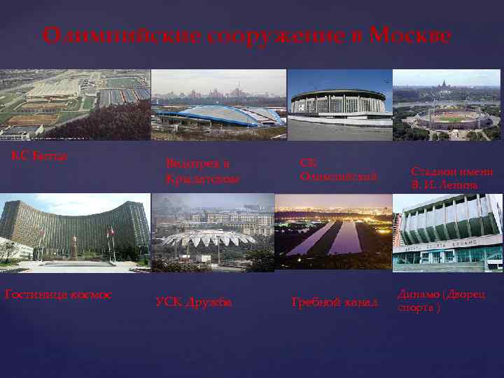 Олимпийские сооружение в Москве КС Битца Гостиница космос Велотрек в Крылатском УСК Дружба СК