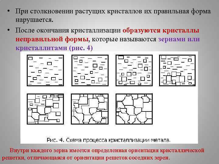  • При столкновении растущих кристаллов их правильная форма нарушается. • После окончания кристаллизации