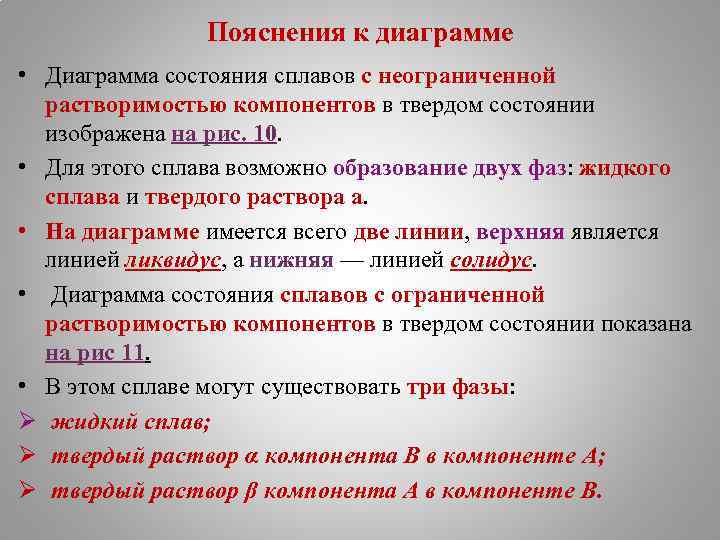 Пояснения к диаграмме • Диаграмма состояния сплавов с неограниченной растворимостью компонентов в твердом состоянии