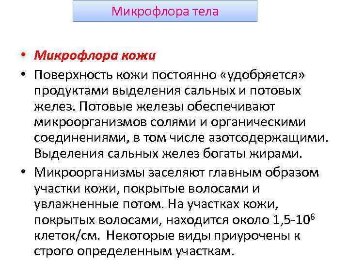 Микрофлора тела • Микрофлора кожи • Поверхность кожи постоянно «удобряется» продуктами выделения сальных и