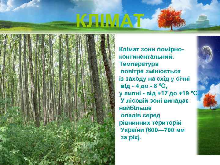 КЛІМАТ Клімат зони помірноконтинентальний. Температура повітря змінюється із заходу на схід у січні від