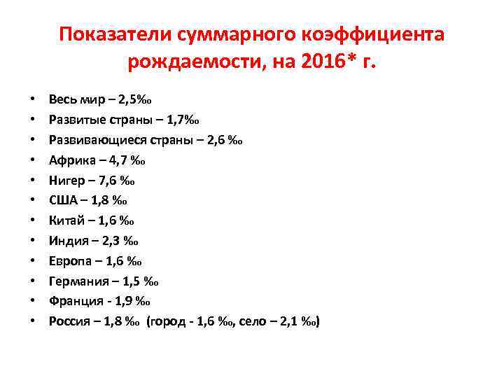 Показатели суммарного коэффициента рождаемости, на 2016* г. • • • Весь мир – 2,