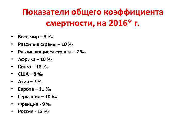 Показатели общего коэффициента смертности, на 2016* г. • • • Весь мир – 8