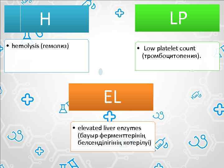 LP Н • hemolysis (гемолиз) • Lоw рlаtelet соunt (тромбоцитопения). ЕL • еlеvated liver