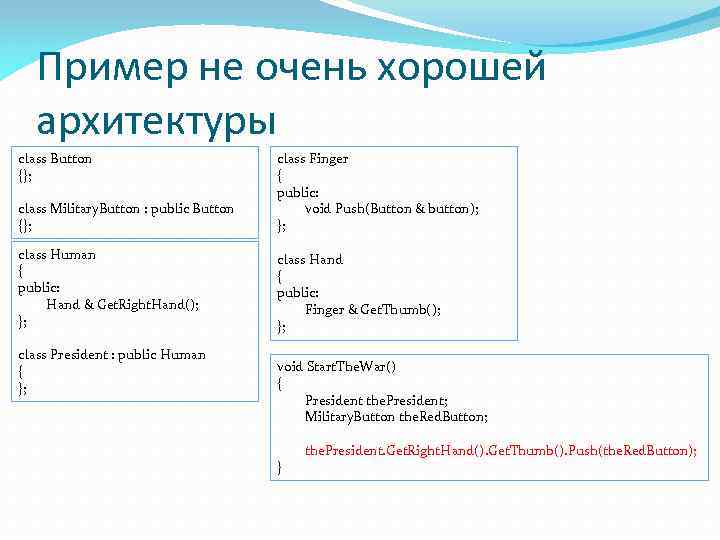 Пример не очень хорошей архитектуры class Button {}; class Military. Button : public Button