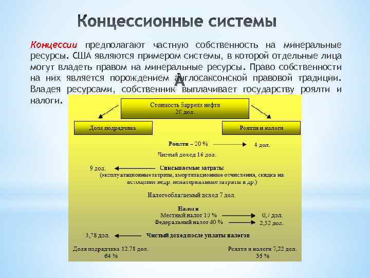 Концессии предполагают частную собственность на минеральные ресурсы. США являются примером системы, в которой отдельные