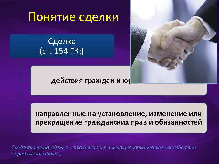 Понятие сделки Сделка (ст. 154 ГК: ) действия граждан и юридических лиц, направленные на