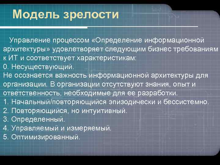 Модель зрелости Управление процессом «Определение информационной архитектуры» удовлетворяет следующим бизнес требованиям к ИТ и