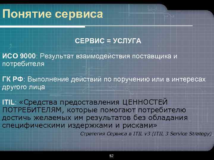 Понятие сервиса СЕРВИС = УСЛУГА ИСО 9000: Результат взаимодействия поставщика и потребителя ГК РФ: