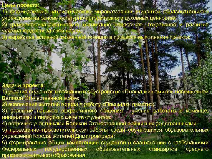Цели проекта: 1) формирование патриотического мировоззрения студентов образовательного учреждения на основе культурно-исторических и духовных