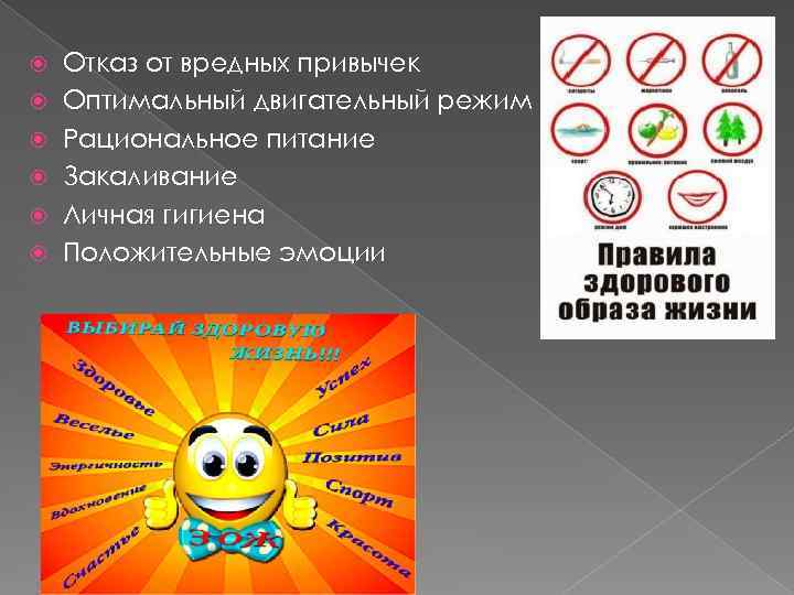  Отказ от вредных привычек Оптимальный двигательный режим Рациональное питание Закаливание Личная гигиена Положительные