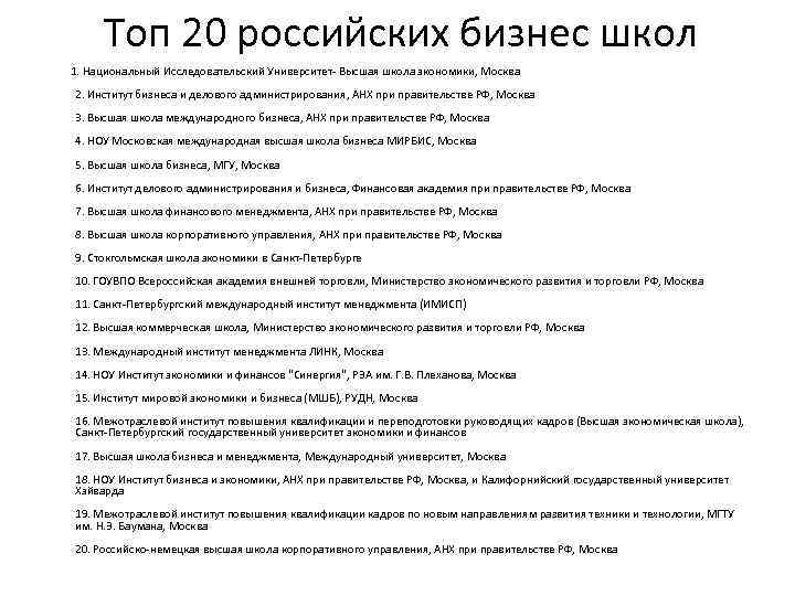 Топ 20 российских бизнес школ 1. Национальный Исследовательский Университет- Высшая школа экономики, Москва 2.