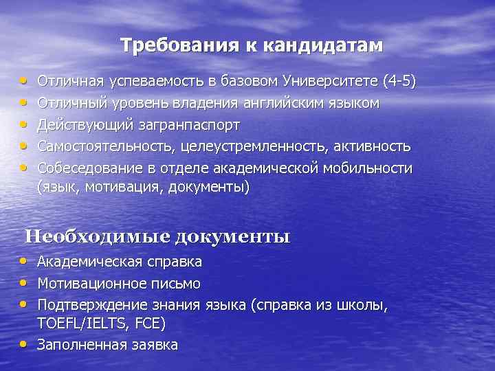 Требования к кандидатам • • • Отличная успеваемость в базовом Университете (4 -5) Отличный