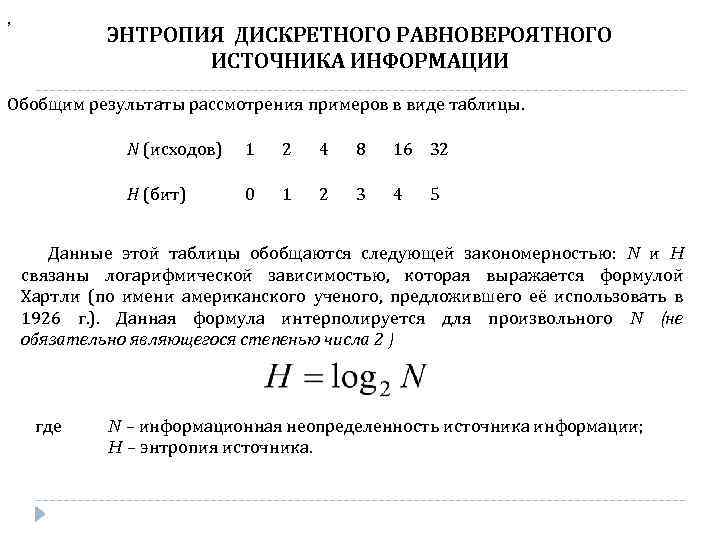 , ЭНТРОПИЯ ДИСКРЕТНОГО РАВНОВЕРОЯТНОГО ИСТОЧНИКА ИНФОРМАЦИИ Обобщим результаты рассмотрения примеров в виде таблицы. N
