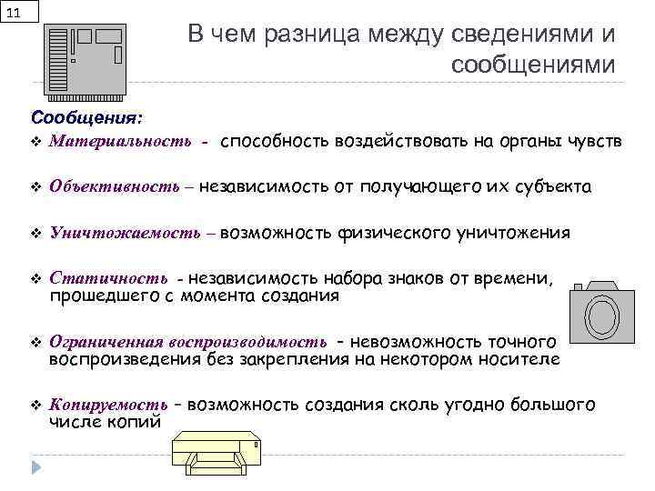 11 В чем разница между сведениями и сообщениями Сообщения: v Материальность - способность воздействовать