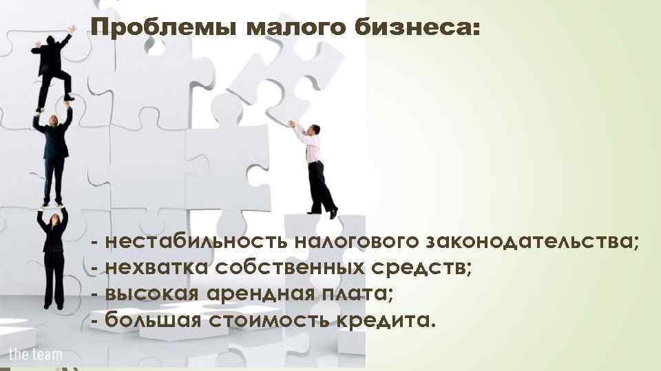 Проблемы малого бизнеса: - нестабильность налогового законодательства; - нехватка собственных средств; - высокая арендная