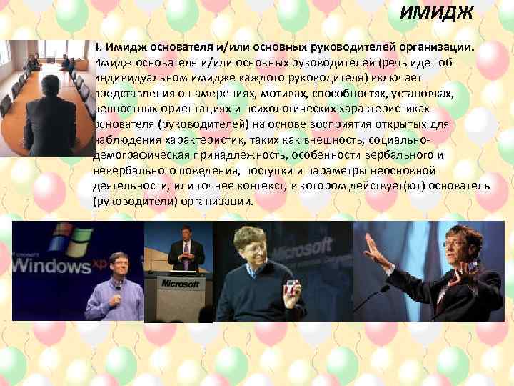 ИМИДЖ • 4. Имидж основателя и/или основных руководителей организации. Имидж основателя и/или основных руководителей